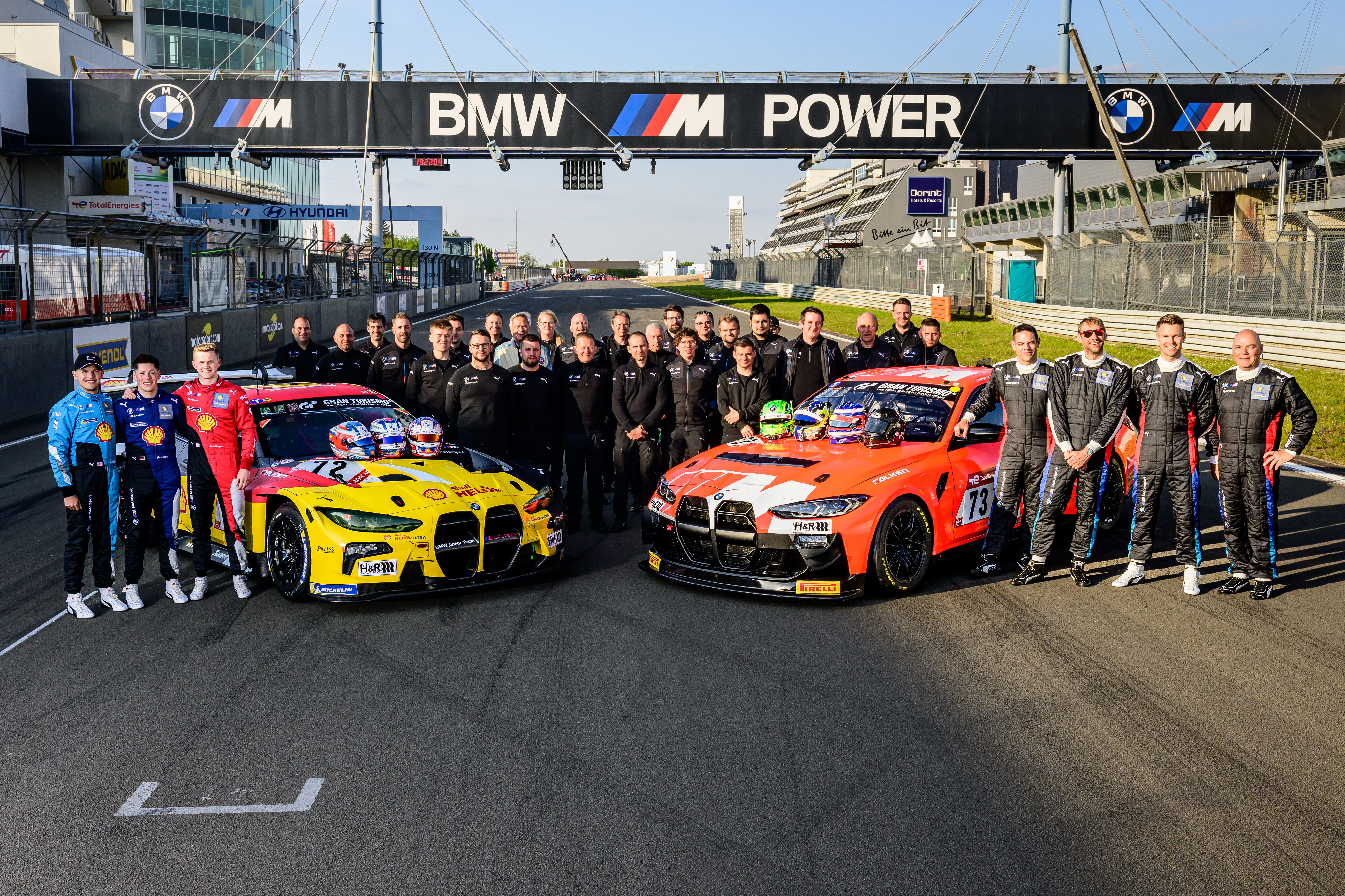 Nürburgring (GER), 18th to 21st May 2023. BMW M Motorsport, 24 Hours Nürburgring 2023. BMW M Team RMG, #72 BMW M4 GT3, BMW Junior Team, Max Hesse (GER), Neil Verhagen (USA), Dan Harper (GBR), #73 BMW M4 GT4, BMW M Motorsport Media Car, Jethro Bovingdon (GBR), Christian Gebhardt (GER), Guido Naumann (GER), Jörg Weidinger (GER).