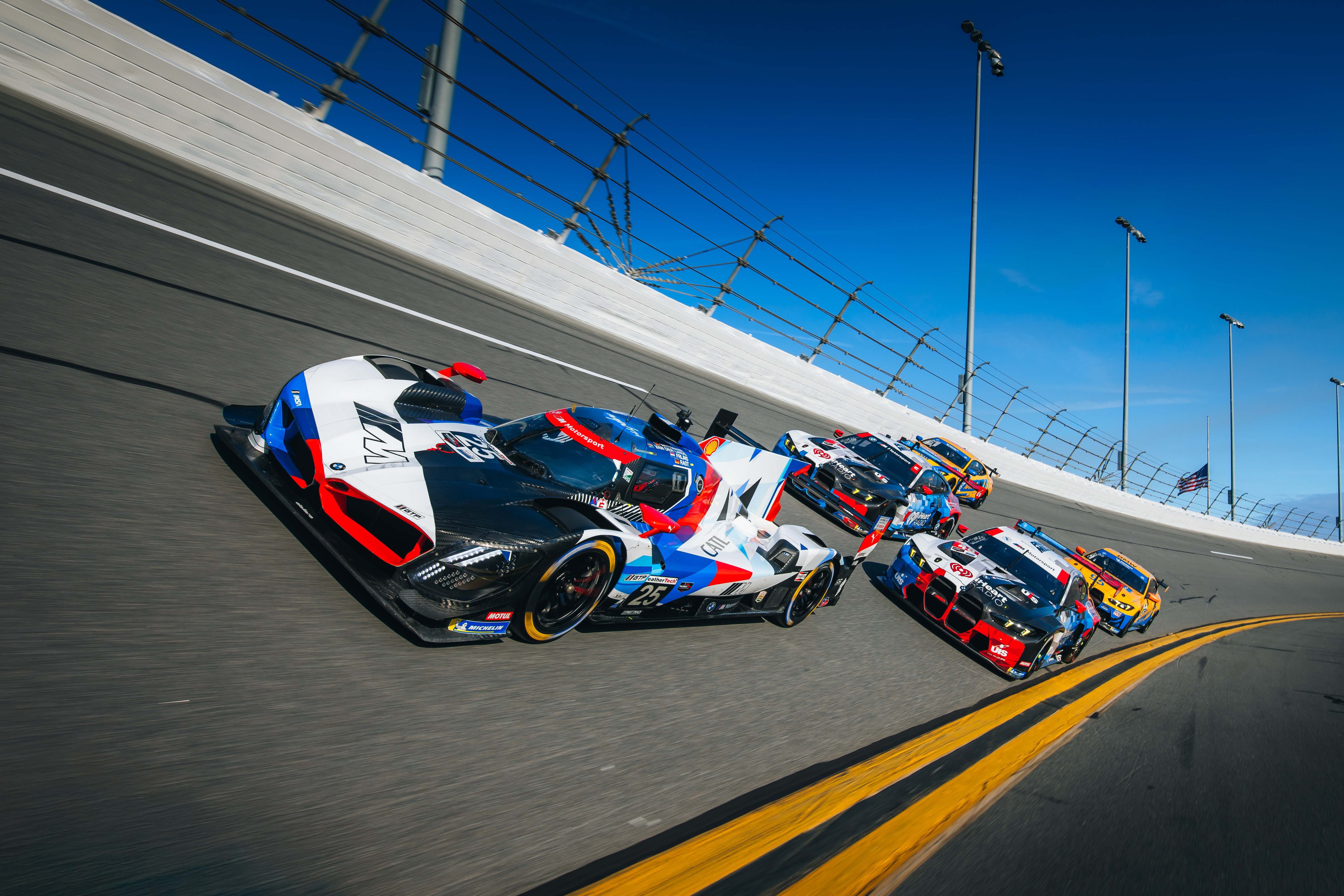 Daytona (USA), 17-19 January 2025. Roar before the 24, Daytona 24 Hours, IMSA WeatherTech SportsCar Championship, IMSA Michelin Pilot Challenge, Car-to-Car, photoshoot, BMW M Hybrid V8, BMW M Team RLL, BMW M4 GT3 EVO, Paul Miller Racing, BMW M4 GT4 EVO, Turner Motorsport.